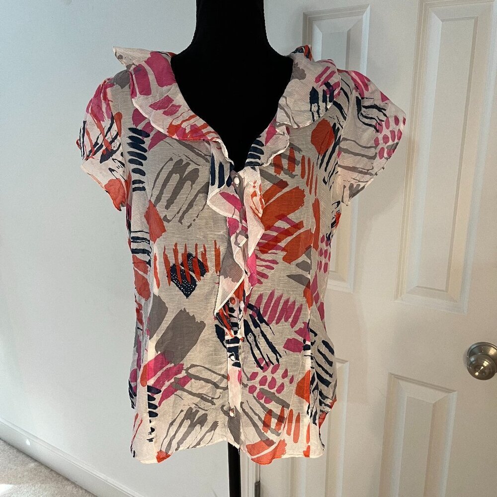 Banana Republic Factory Abstract Print Sheer Silk Blend Ruffled Blouse - Sz L